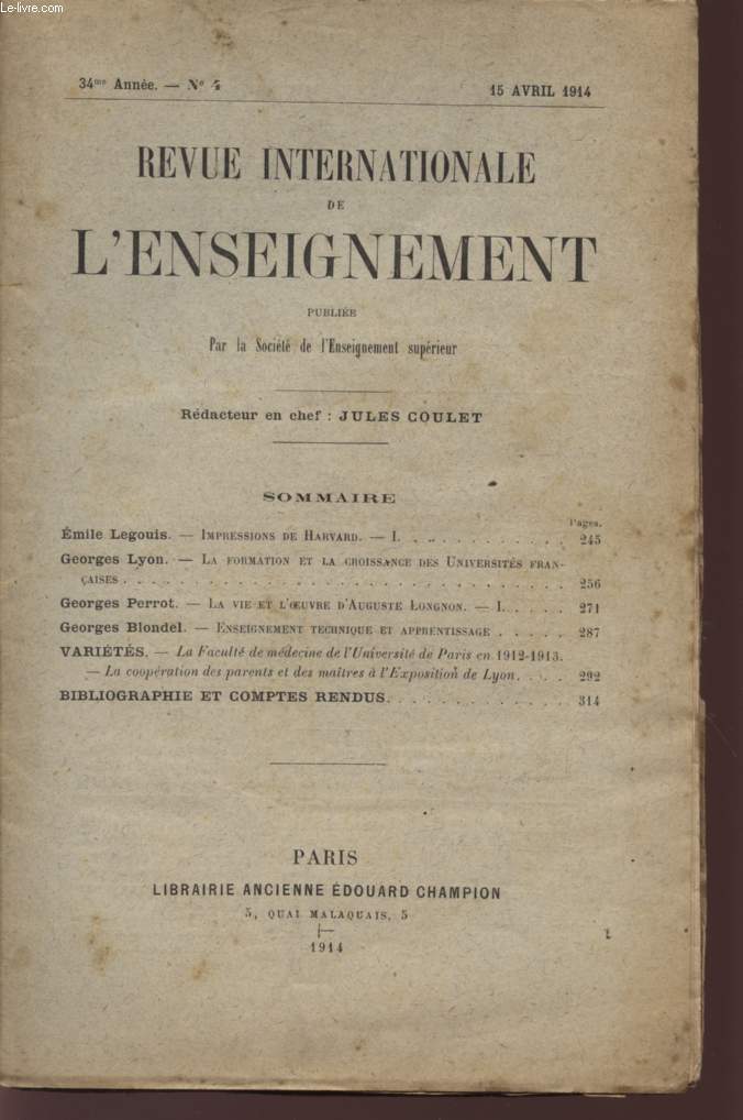 REVUE INTERNATIONALE DE L'ENSEIGNEMENT - 34 ANNEE - N4 - 15 AVRIL 1914.