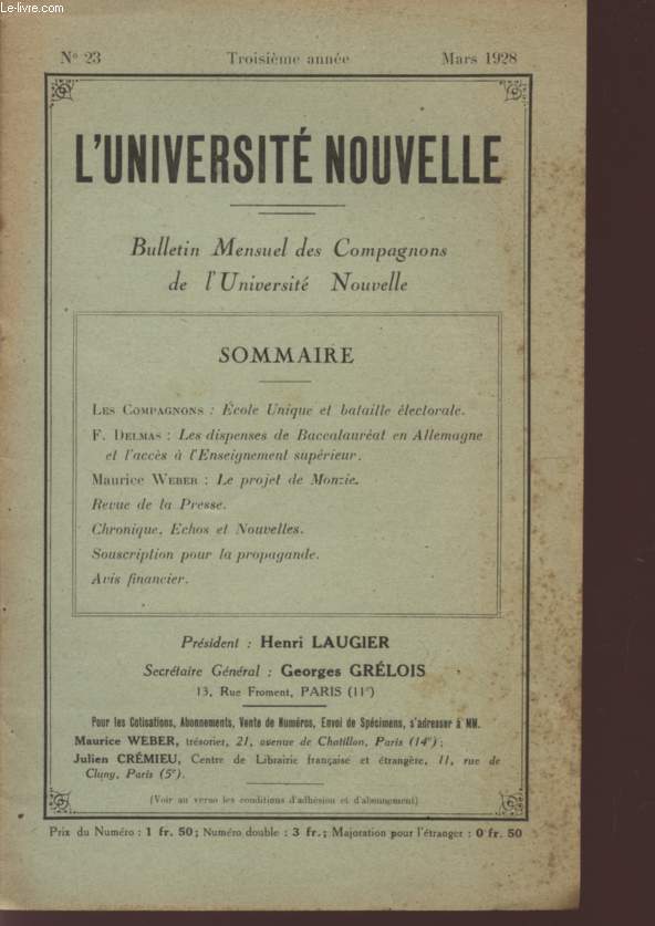 L'UNIVERSITE NOUVELLE - BULLETIN MENSUEL DES COMPAGNONS DE L'UNIVERSITE NOUVELLE - N23 - TROIXIEME ANNEE - MARS 1928.