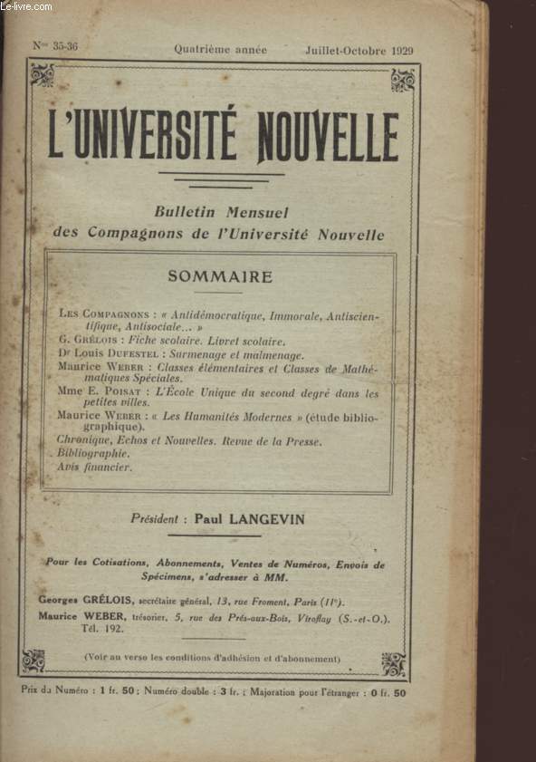 L'UNIVERSITE NOUVELLE - BULLETIN MENSUEL DES COMPAGNONS DE L'UNIVERSITE NOUVELLE - N35 - 36 - QUATRIEME ANNEE - JUILLET - OCTOBRE 1929.
