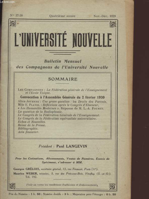 L'UNIVERSITE NOUVELLE - BULLETIN MENSUEL DES COMPAGNONS DE L'UNIVERSITE NOUVELLE - N37 - 38 - QUATRIEME ANNEE - NOVEMBRE - DECEMBRE 1929.