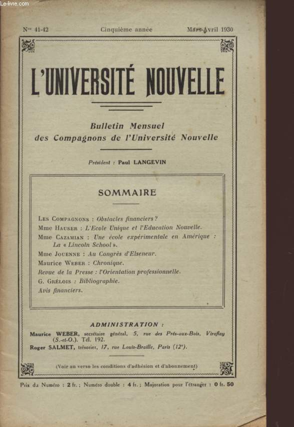 L'UNIVERSITE NOUVELLE - BULLETIN MENSUEL DES COMPAGNONS DE L'UNIVERSITE NOUVELLE - N41 - 42 - CINQUIIEME ANNEE - MARS - AVRIL 1930