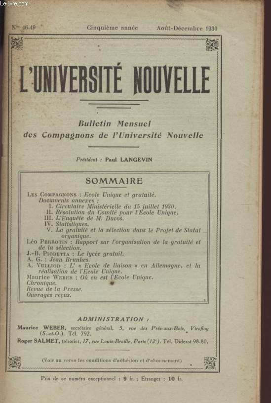 L'UNIVERSITE NOUVELLE - BULLETIN MENSUEL DES COMPAGNONS DE L'UNIVERSITE NOUVELLE - N46 - 49 - CINQUIIEME ANNEE - AOUT - DECEMBRE 1930