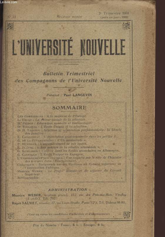 L'UNIVERSITE NOUVELLE - BULLETIN MENSUEL DES COMPAGNONS DE L'UNIVERSITE NOUVELLE - N52 - SIXIEME ANNEE - 2eme TRIMESTRE 1931 (PARU EN JANVIER 1932).