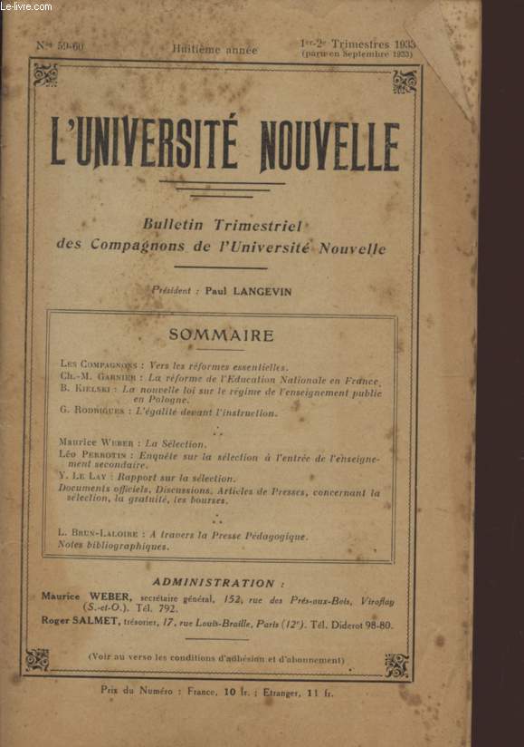 L'UNIVERSITE NOUVELLE - BULLETIN MENSUEL DES COMPAGNONS DE L'UNIVERSITE NOUVELLE - N59 - 60 - HUITIEME ANNEE - 1er et 2eme TRIMESTRES 1933 (PARU EN SEPTEMBRE 1933).