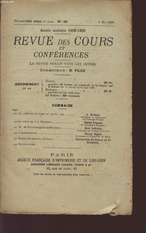 REVUE DES COURS ET CONFERENCES - ANNE SCOLAIRE 1908/1909 - DIX-SEPTIEME ANNEE - N26 - 6 MAI 1909.