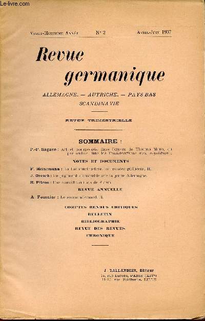 REVUE GERMANIQUE / ALLEMAGNE - ANGLETERRE - ETATS-UNIS - PAYS-BAS - SCANDINAVIE / VINGT-HUITIEME ANNEE - N2 - AVRIL-JUIN 1937.