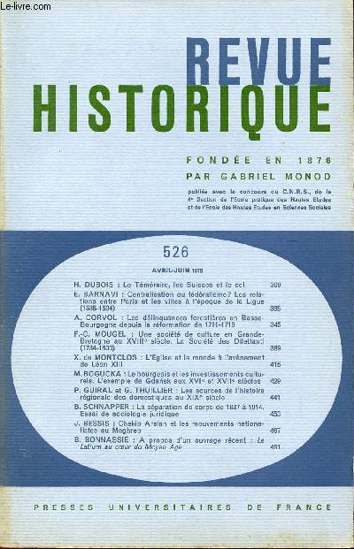 REVUE HISTORIQUE / AVRIL-JUIN 1978 / N526.