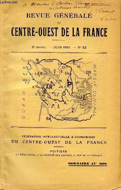 REVUE GENERALE DU CENTRE OUEST DE LA FRANCE / 6 ANNEE - JUIN 1931 - N22