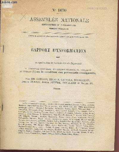ASSEMBLEE NATIONALE - CONSTITUTION DU 4 OCTOBRE 1958 / N1670 / RAPPORT D'INFORMATION FAIT EN APPLICATION DE L'ARTICLE 144 DU REGLEMENT.