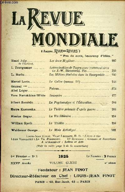 LA REVUE MONDIALE / N3 - 1er FEVRIER 1925 - XXVI ANNEE / VOLUME CLXIII.
