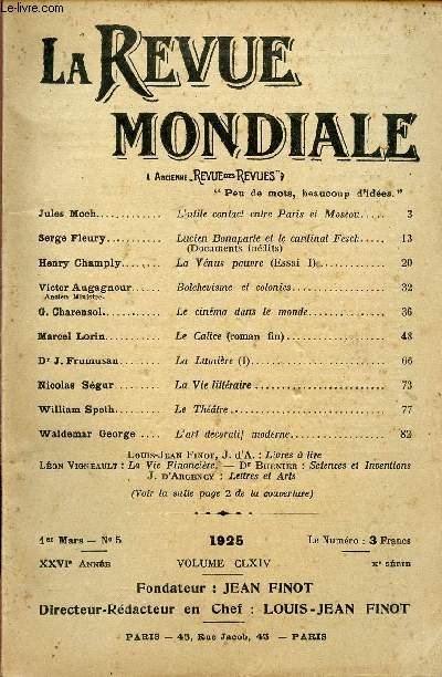LA REVUE MONDIALE / N5 - 1er PARS 1925 - XXVI ANNEE - VOLUME CLXIV.