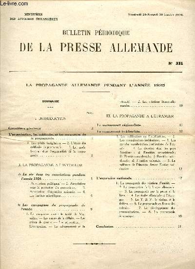 BULLETIN PERIODIQUE DE LA PRESSE ALLEMANDE / N 331 / VENDREDI 29 - SAMEDI 20 JANVIER 1926 / LA PROPAGANDE ALLEMANDE PENDANT L'ANNEE 1925.