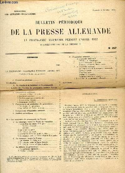 BULLETIN PERIODIQUE DE LA PRESSE ALLEMANDE / N 257 / SAMEDI 3 FEVRIER 1923 / LA PROPAGANDE ALLEMANDE PENDANT L'ANNEE 1922.