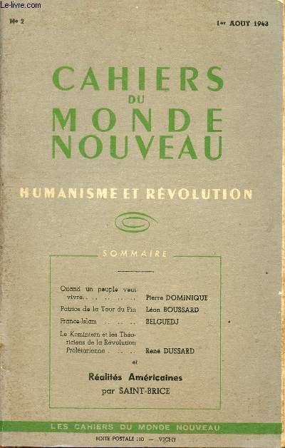 CAHIERS DU MONDE NOUVEAU / HUMANISME ET REVOLUTION / N2 - 1er AOUT 1943.
