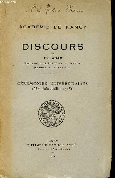 DISCOURS DE CH. ADAM / CEREMONIES UNVERSITAIRES - MAI - JUIN - JUILLET 1923.