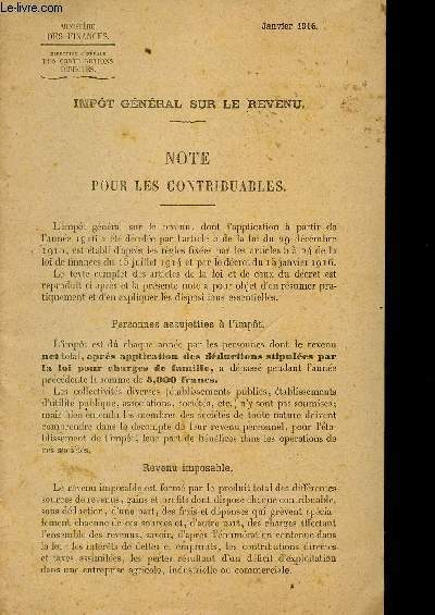 IMPOT GENERAL SUR LE REVENU / NOTE POUR LES CONTRIBUABLES / JANVIER 1916 / JANVIER 1916.