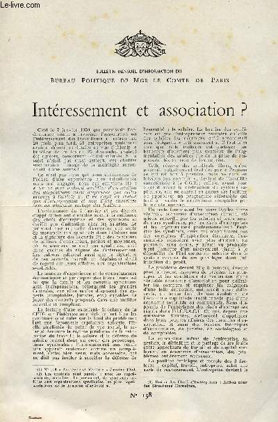 LETTRE N 138 / INTERESSEMENT ET ASSOCIATION? / 18 JANVIER 1961.
