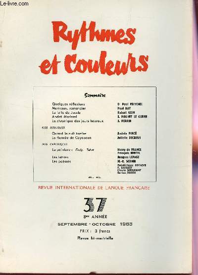 RYTHMES ET COULEURS - N37 - 8e ANNEE - SEPT-OCT 1963 / QUELQUES REFLEXIONS - MARIVAUX, ROMANCIER - LA LUTTE DE JACOB - ANDRE MARISSEL / LA CHRONIQUE DES JOURS HEUREUX / - NOS CHRONIQUES - NOS NOUVELLES..