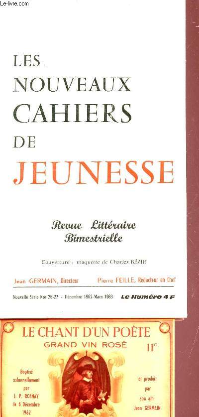 LES NOUVEAUX CAHIERS DE JEUNESSE, REVUE LITTERIARE BIMESTRIELLE - NUMEROS 26-27 -DEC 1962 - MARS 1963.