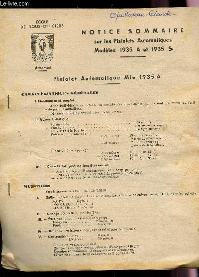 NOTICE SOMMAIRE SUR LES PISTOLETS AUTOMATIQUES - MODELES 1935 A ET 1935 S.