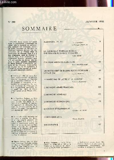 REVUE MILITAIRE D'INFORMATION - N290 - JANVIER 1958 / ALLEMAGNE, AN XII - LA REPUBLIQUE FEDERALE DE BONN : UNE GRANDE PUISSANCE RESTAUREE - POLITIQUE MILITAIRE ALLEMANDE- UN INSTRUMENT DE GUERRE REVOLUTIONNAIRE : LE FLN (FIN) - LE MARECHAL DE LATTRE ...