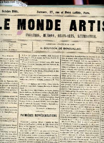 LE MONDE ARTISTE - 14 OCTOBRE 1865 / PREMIERES REPRESENTATIONS - DEPARTEMENTS, ETRANGER - NOUVELLES.