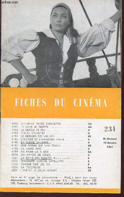 FICHES DU CINEMA - N231 - 15 OCTOBRE 1961 / ATLANTIS TERRE ENGLOUTIE - LA CAVE SE REBIFFE - LE CERCLE DE FEU - CIBLES VIVANTES - LE DERNIER DES VIKINGS - L'ENIGME DE L'ARAIGNEE VERTE - etc....