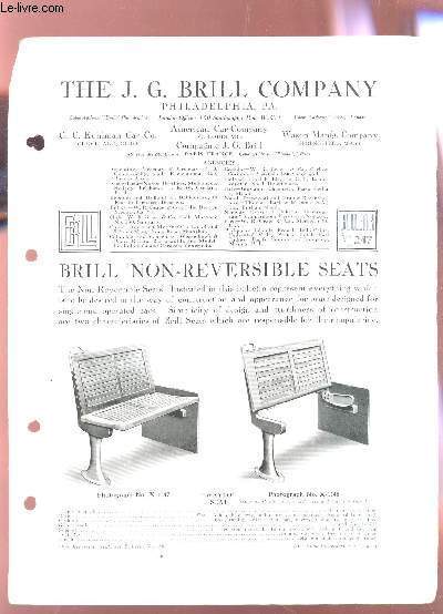 THE J.G. BRILL COMAGNY - BULLETIN N247 / BRILL NON REVERSIBLE SEATS.