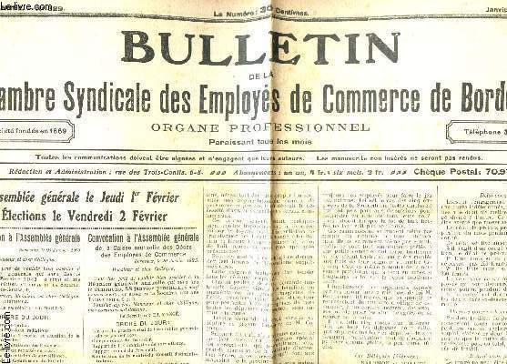 BULLETIN DE LA CHAMBRE SYNDICALE DES EMPLOYES DE COMMERCE DE BORDEAUX - 34e anne - N329 - Janvier 1923 / Loi sur le contrat d'Emploi / etc...