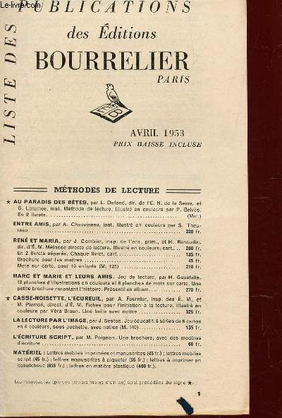 1 FASCICULE DE PUBLICATIONS DES EDITIONS BOURRELIER - AVRIL 1953.
