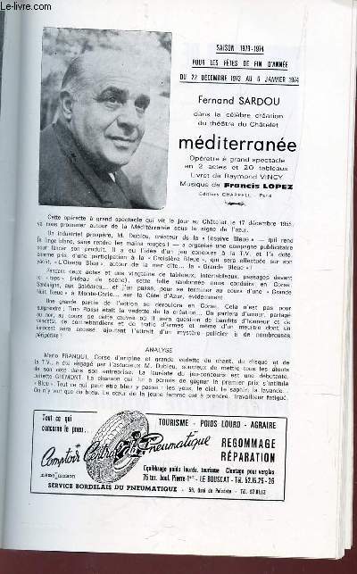 PROGRAMME OFFICIEL DU GRAND THEATRE - GALA DE L'ENTRAIDE SOCIALE DU THEATRE - SAISON 1973-74 / MEDITERRANEE de Fernand SARDOU etc...