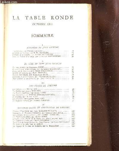 LA TABLE RONDE - OCTOBRE 1955 / JEAN COCTEAU : Approche de Jean cocteau - Du cot de chez Jean Cocteaeu - Les forces de l'oeuvre - quelques dates et cosntantes de l'oeuvre - etc...
