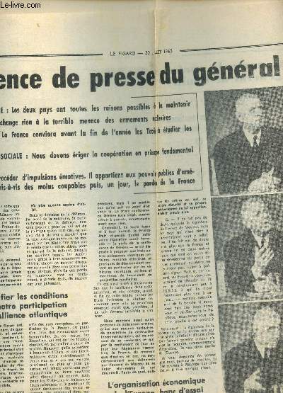 EXTRAIT D'UNE COUPURE DE PRESSE DU FIGARO DES 30 JUILLET1963 / LA CONFERENCE DE PRESSE DU GENERAL DE GAULLE - EXTRAIT (PAGES 3  6 INCLUSE).