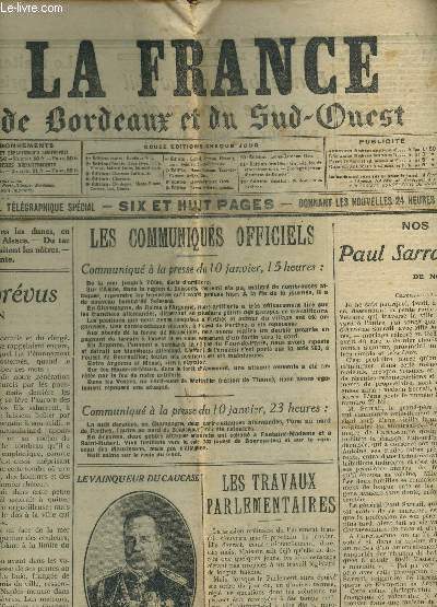 LA FRANCE DE BORDEAUX ET DU QUS OUEST / 11 JANVIER 1915 / REPUBLICAINS IMPREVUS / LES COMMUNIQUES OFFICIELS / LES TRAVAUXD PARLEMENTAIRES / PAUL SARRAIL, DE CARCASSONNE.