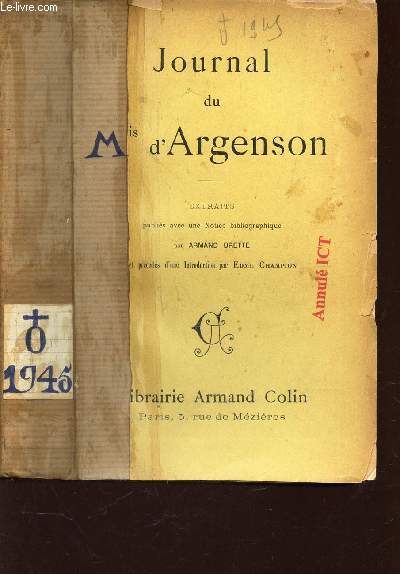 JOURNAL DU MIS D'ARGENSON - EXTRAITS publis avec une Notice bibliographique par armand BRETTE et precds d'une introduction par Edm Champion.