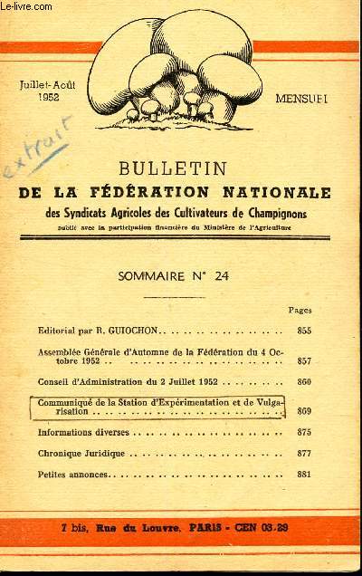 BULLETIN DE LA FEDERATION NATIONALE - N24 - JUIL-AOUT 1952 / Communiqu de la Staion d'Ecperimenation et Vulgarisation etc...