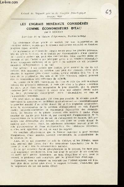 LES ENGRAIS MINERAUX CONSIDERES COMME ECONOMISEURS D'EAU / Extrait du rapport general du congrs Pomologique - Orlans 1959.