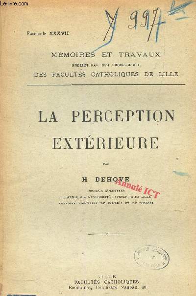 LA PERCEPTION EXTERIEURE / FASCICULE XXXVII DE LA COLLECTION 