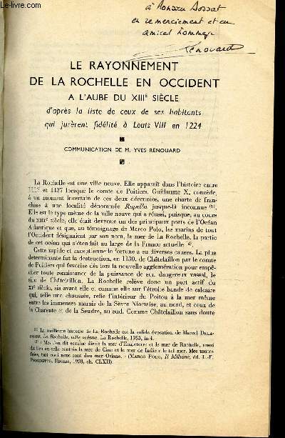 LE RAYONNEMENT DE LA ROCHELLE EN OCCIDENT A L'AUBE DU XIIIe SIECLE / Extrait du Bulletin philologique et historique (jusqu' 1610) - ANNEE 1961.