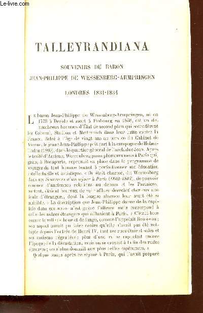 TALLEYRANDIANA - SOUVENIRS DU BARON JEAN-PHILIPPE DE WESSENBERG-ARMPRINGEN - LONDRES 1831-1834. (EXTRAIT)
