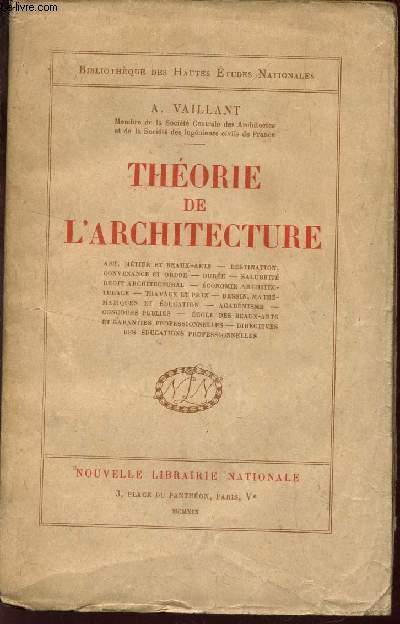 THEORIE DE L'ARCHITECTURE - Economie architecturale - Observations - Critiques Apprentissage,