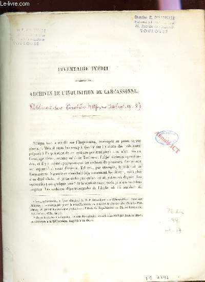 INVENTAIRE CONCERNANT LES ARCHIVES DE L'INQUISITION DE CARCASSONNE / Publicat. Soc. archeo. - N24 (Vol. IV - 2).