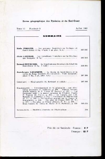 REVUE GEOGRAPHIE DES PYRENEES ET DU SUD OUEST - TOME 40 - JUILLET 1969 - FASCICULE 3.