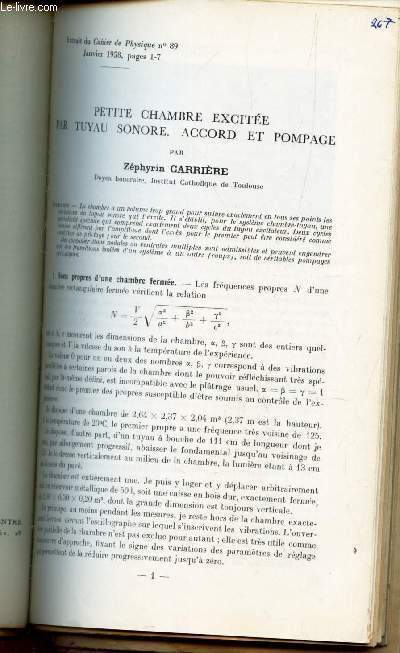 PETITE CHAMBRE EXCITEE PAR TUYAU SONORE - ACCORD ET POMPAGE / Extrait du Cahier de Physique N89 - Janvier 1958 - (pages 1-7).