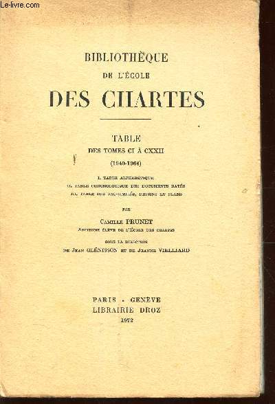 BIBLIOTHEQUE DE L'ECOLE DES CHARTES - TABLE - DES TOMES CI  CXXII - (1940 - 1964) / TABLE ALPHABETIQUE - TACHE CHRONOLOGIQUE DES DOCUMENTS DATES - TABLE DES FAC SIMILES, DESSINS ET PLANS.