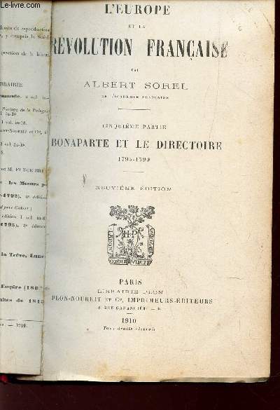 L'EUROPE ET LA REVOLUTION FRANCAISE / 5e PARTIE : BONAPARTE ET LE DIRECTOIRE - 1795-1799.
