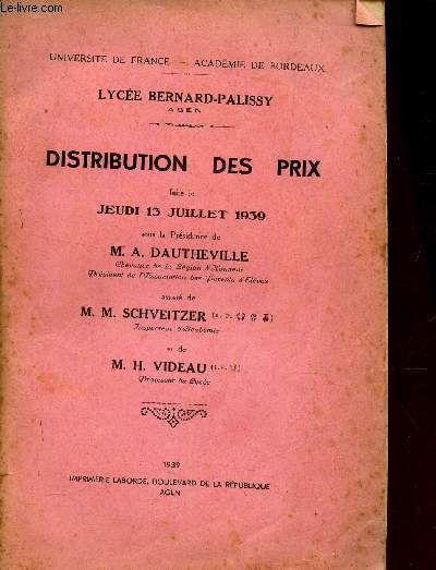 DISTRIBUTION DES PRIX faite le jeudi 13 juillet 1939