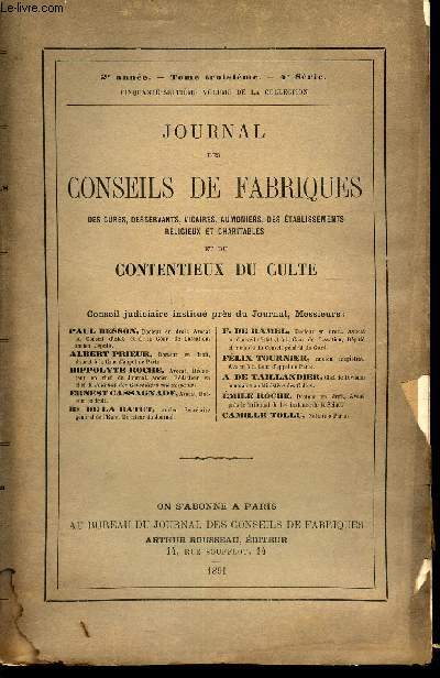 JOURNAL DES CONSEILS DE FABRIQUES - 2eme anne - TOME TROISIEME - 4e SERIE - 57eme VOLUME DE LA COLLECTION.
