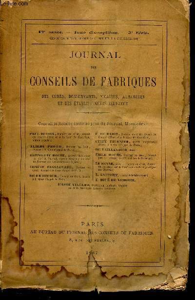 JOURNAL DES CONSEILS DE FABRIQUES - 17eme anne - TOME 17eme - 3e SERIE - 53eme VOLUME DE LA COLLECTION.