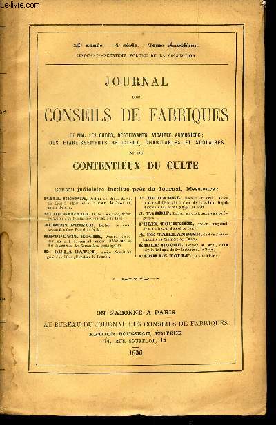 JOURNAL DES CONSEILS DE FABRIQUES - 56eme anne - TOME 6 eme - 4e SERIE - 59eme VOLUME DE LA COLLECTION.